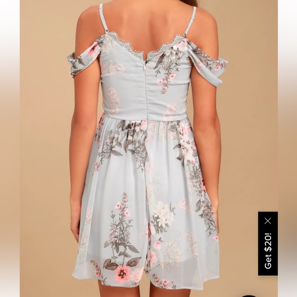 New Small Lulus Verona Light Blue Floral Off the Shoulder Lace Dress - Picture 3 of 17